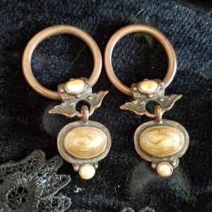 Boho Style Brass & Enameled Hoop Winged Earrings